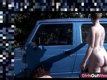 Girls Out West - Hairy lesbian cuties washing car