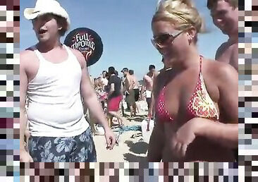 Sexy coeds with big tits raging hormones are enjoying some steamy beach party